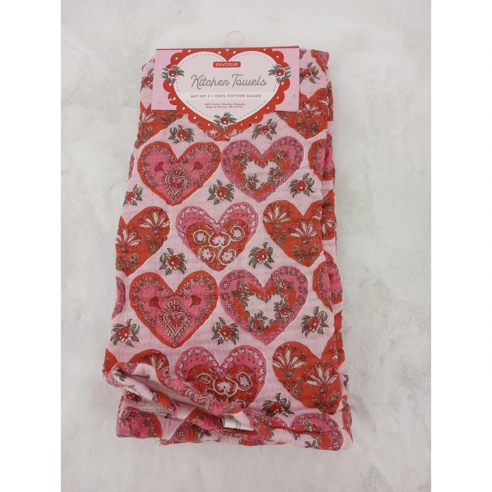 ENVOGUE‎ KITCHEN TOWELS COTTON GAUZE HEARTS FLORAL PINK 18X28